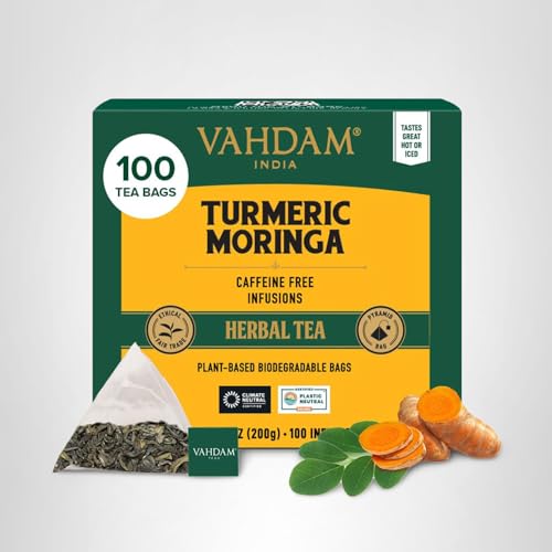 VAHDAM, Turmeric Moringa Tea Bags (100 Herbal Tea Bags) Caffeine Free, Non GMO | 100% Pure Herbal Blend - Sweet & Earthy | Resealable Ziplock Pouch