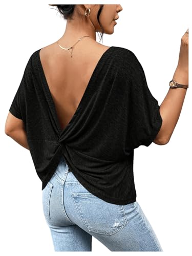 Women's Backless Twist Knot T Shirt Oversized Solid Short Sleeve Tees Open Back Asymmetrical Hem Casual Tops