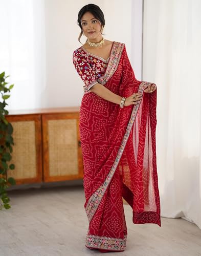 Image of SIRIL Women's Georgette Bandhani Printed Saree with Unstitched Blouse Piece