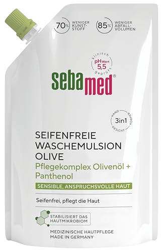 Sebamed seifenfreie Waschemulsion Olive Nachfüllbeutel 400 ml, Pflegekomplex mit Olivenöl und Panthenol, seifenfreie Reinigung für sensible Haut, zur Hand-, Gesichts- und Körperreinigung geeignet