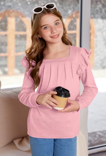 Girls Fall Pleated Long Sleeve Shirt Ruffle Sleeve Top Square Neck Casual Blouse 6-14 Years4