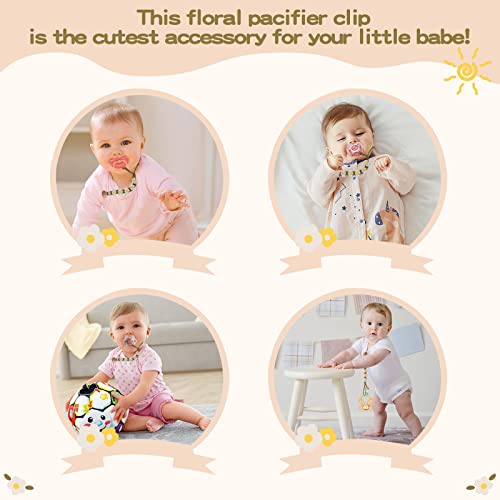 Image of Pacifier Clip for Boys Girls Floral Daisy Macrame Paci Clip Pacifier Holder Leash Boho Wooden Clips Handmade Braided Cotton Unisex Baby Shower Birthday Gift