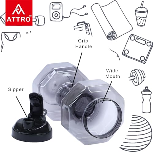 Image of Attro Dumbbell Water Bottle 2 Liter Plastic Bottle with Grip Handle Stylish Bottle for Gym Lover BPA Free, Food Grade, Leakproof- Grey