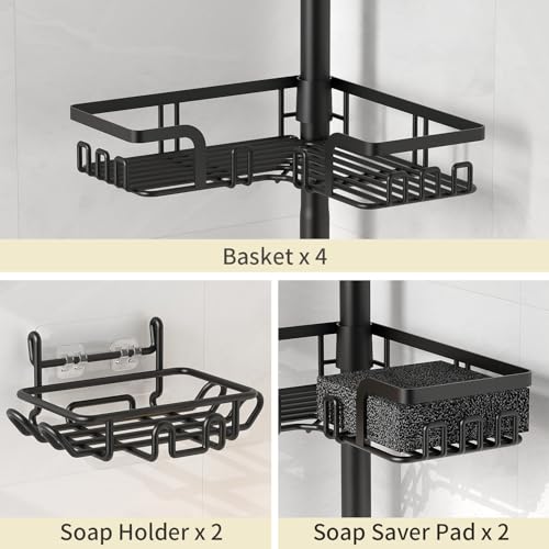 Image of KEGII Tension Pole Corner Shower Caddy - 4-Tier Corner Organizer with 2 Dual-Use Soap Holders & 2 Soap Saver Pads, Rust-Resistant Adjustable Shelves, Fits 25-114.2 Inch for Bathtub & Home