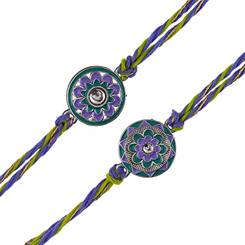 Image of eCraftIndia Multicolor Set of 2 Om Symbol and Peacock Designer Religious Rakhis with Roli Chawal Pack