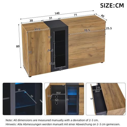 Merax Sideboard mit LED Beleuchtung – Smart App Steuerung, Modernes Design mit Glasregalen, Schubladen & Verstellbaren Einlegeböden, Kommodenschrank für Wohnzimmer und Esszimmer (Schwarz/Braun)