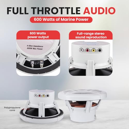 Pyle 6.5 Inch Bluetooth Marine Speakers - 2-way IP-X4 Waterproof and Weather Resistant Outdoor Audio Dual Stereo Sound System with 600 Watt Power and Low Profile Design - 1 Pair - PLMRBT65W (White) by Pyle - Image 4