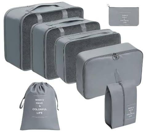 Kit Necessaire Organizador de Malas para Viagem 7 Peças | Sapatos Maquiagem Roupa | Bagagem Organizada | Conjunto Organizador Completo Premium (Kit Cinza)