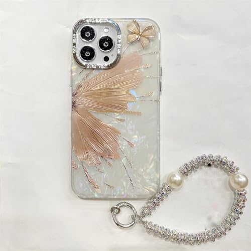 Bakicey Funda para iPhone 16 Pro Max, diseño de flores y mariposas, transparente, con bonito collar de perlas para niñas, resistente a los arañazos, antigolpes, carcasa para iPhone 16 Pro Max, oro