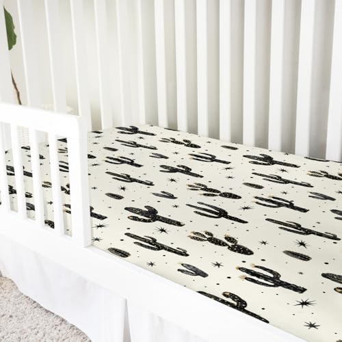 Image of Boho Cactus Baby Crib Sheet 52''x28'' Retro Black Golden Cactus Fitted Crib Mattress Cover Wild Cactus Soft Baby Sheet for Boy Girl Western Plants Nursery Bedding for Standard Crib Toddler Mattress