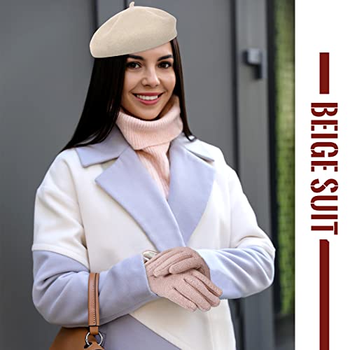 Image of Beret Hats for Women Warm Winter Gloves Set 3 Pcs French Style Beanie Cap with 3 Pairs Touchscreen Windproof Gloves for Winter Using