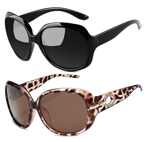 Joopin Oversized Black & Leopard Sunglasses Bundle, Retro Jackie Shades for Women Ladies Trendy Sun Glasses Polarized UV Protection Shady Rays