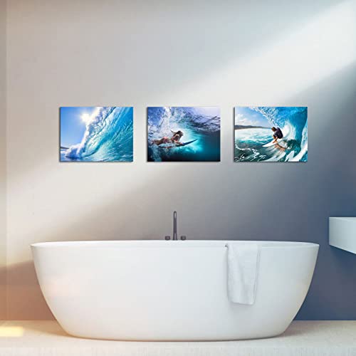 Artsbay Surf Tropical Sea Wave Canvas Print Wall Art Surfer Surfing Water Sport Picture Painting Blue Ocean Modern Photography Decor 3 Piece Framed Artwork For Home Office Bedroom Bathroom Decoration #TOP2