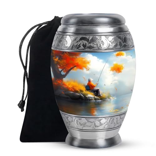 KARYLIZ Fishing Urn for Ashes Adult Male - Decorative Urns for Human Ashes - Blue Urn for Human Adult Female - Funeral for Women & Men - Fisherman Cremation Urns Memorial Tribute 10 Inch