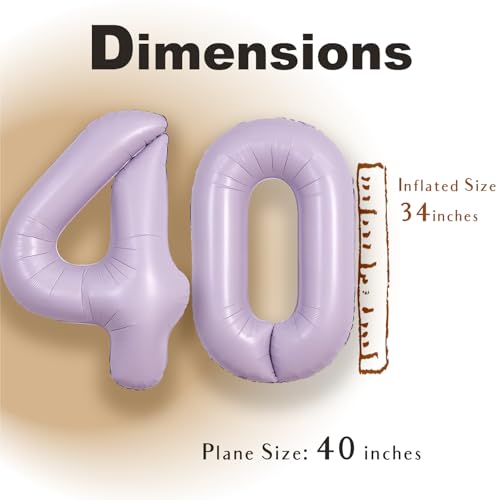 Image of SUWEN 40 Inch Light Purple Lavender Big 40 Balloon Number Foil Helium 0-9 | 40th Large Giant Huge Mylar Jumbo Happy Birthday Party Anniversary Decorations
