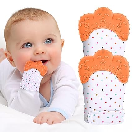 Image of WAHHSON Cotton Baby Soft Teething Mitten Teether Glove, Teether For 0-12 Months Baby, Teething Pain Relief Toy Glove, Natural Remedy For Infants & Toddlers | Infant Teething Mittens (Orange, Pair of 1)