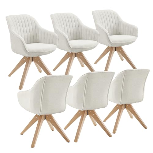 Zouron Chaise de Salle à Manger (avec Coussin épais), Chaise de Bureau pivotante sans roulettes (360°), Fauteuil de Salon (Ergonomique),Lot de 6,Beige(Coton et Lin+Bois Clair)
