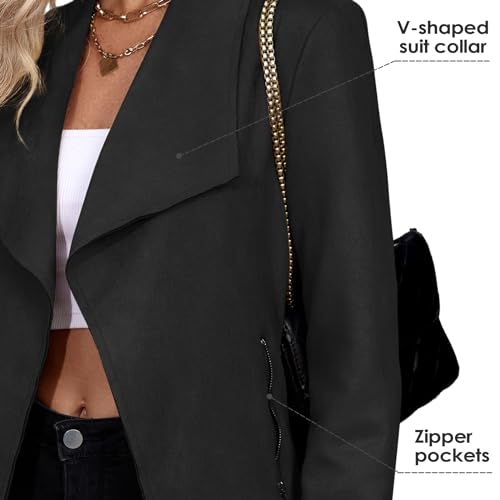Zando Womens Faux Suede Jacket Open Front Womens Bomber Cropped Jacket with Pockets Outwear Long Sleeve Fashion Biker Jacket2
