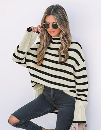 ZESICA Women's Winter Sweaters Casual Turtleneck Long Sleeve Striped Side Slit Loose Pullover Sweater Jumper Tops4