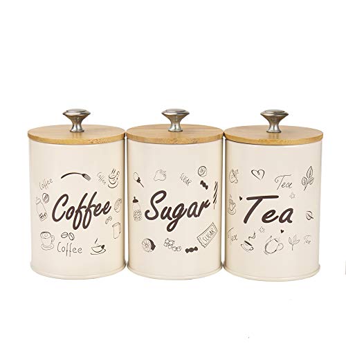 X022SB Set of 3 Metal Food Storage Tin CanisterJar with Bamboo Lid Cream B