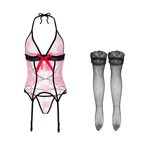 Sexy Pink Lace Outfit Halter Garter Belt Lingerie Set with Stocking for Women