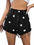 WDIRARA Women's Daisy Embroidery Floral Fringe Button Raw Hem Denim Shorts with Pocket Black L