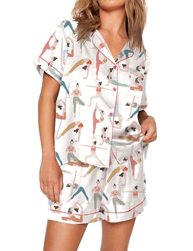 Image of SHESHOW Pajamas for Women Set Satin Button Down Short Sleeve Top and Shorts Pjs Sets Sport Ball Print Sleepwear XS-XXL