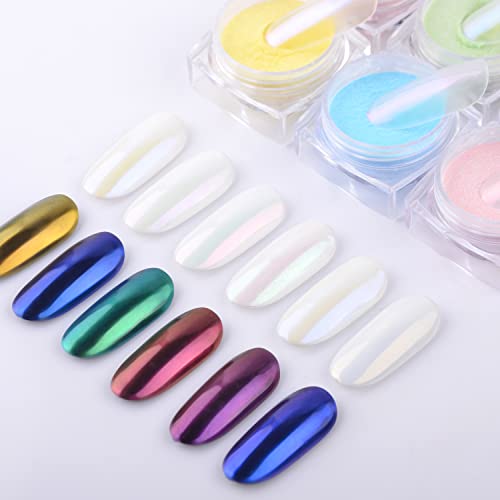 MEILINDS 6 Colors Aurora Chrome Nail Powder, Mirror Laser Mermaid Nail Powder Kit Metallic Iridescent Nail Pigment Multi-Chrome Pearl Mica Powder Manicuring Glitter with 6pcs Sponge Sticks