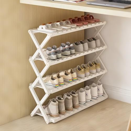 Septlib 靴箱 靴棚 くつばこ 靴だな 竹製 耐湿性 設置不要 安定性 水性塗装 シューズボックス 下駄箱 玄関 間仕切り収納 オープン バリなし 軽量 靴 収納 シューズボックス スリム 大容量(ホワイト,4層、70cm)