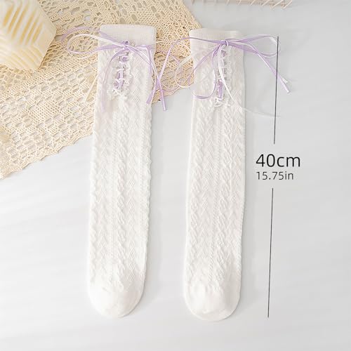 Muloo Bows Tie On Knee High Socks Kids Cotton Calf Socks Sweet Long Boot Socks Stockings Loose Socks Princesses Socks Gifts, Purple4