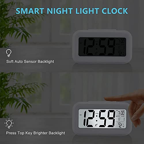 Hiseeyo Upgraded Digital Alarm Clock, 4.3 Inch LED Display with Temperature, Larger Lound Light Control, Portable Snooze Calendar, Brightness with Battery-Operated Alarm Clock, Bedside Table (White)