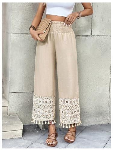 MakeMeChic Women's Boho Elastic High Waist Wide Leg Pants Fringe Shirred Trousers4