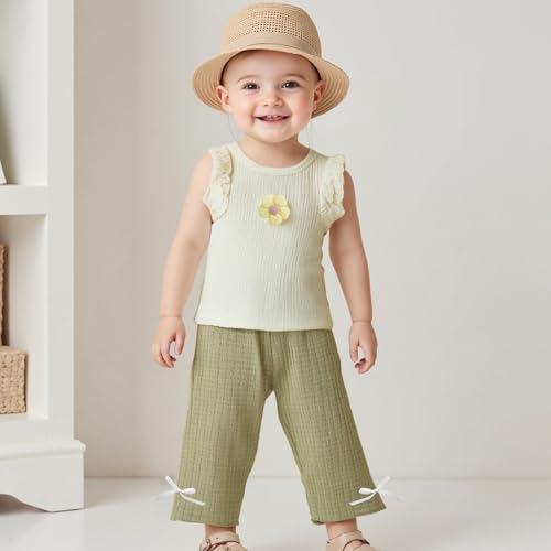 VISGOGO Toddler Girl Summer Outfits Sleeveless Ruffle Tank Tops + Bow Wide Leg Pants Set Flower 2Pcs Baby Girl Clothes2