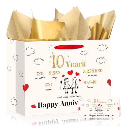 Image of bigniuzi 10 Year Anniversary Paper Gifts for Him Her Husband Wife Couples 10th Anniversary Paper Gift Bag with Tissue Paper for Ten Year Anniversary Party Supplies