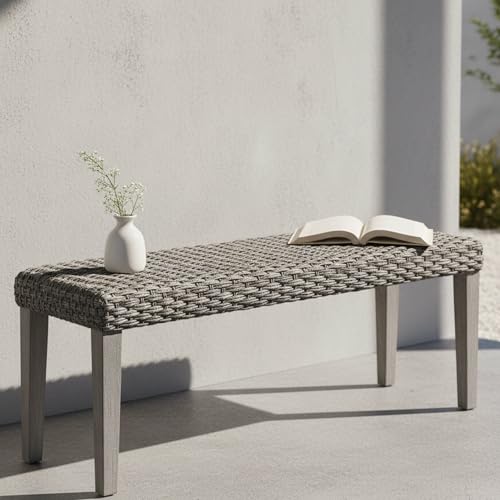 Image of Outdoor Rattan Backless Bench, All-Weather Wicker & Solid Acacia Wood, Upholstered Premium Garden Bench with Woven Rattan Seat and Thick Outdoor Cushion for Patio, Porch, Living Room or Entryway