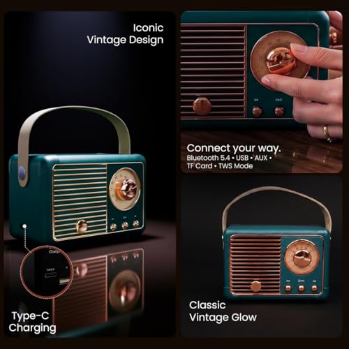 Image of Walta Elite Retro Portable Bluetooth Speaker, Vintage Design, Green, 10W, TWS Mode, BT 5.4, USB /AUX /TF, Type-C Charging, up to 5Hrs Playtime