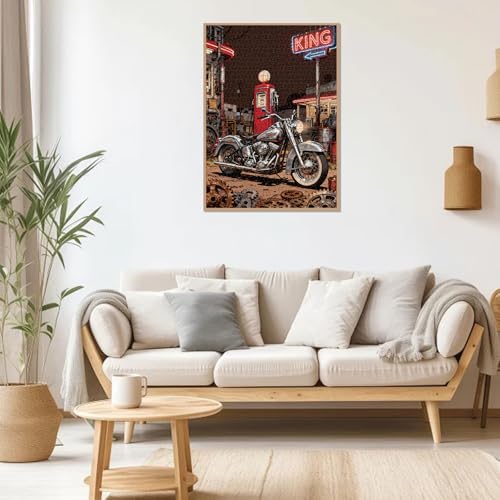 Rompecabezas para adultos de 1000 piezas: Motocicleta en una gasolinera, arte de cómics estadounidenses, incluye bolsa de almacenamiento, decoración para pared, 27,5" x 19,6" miniatura 4
