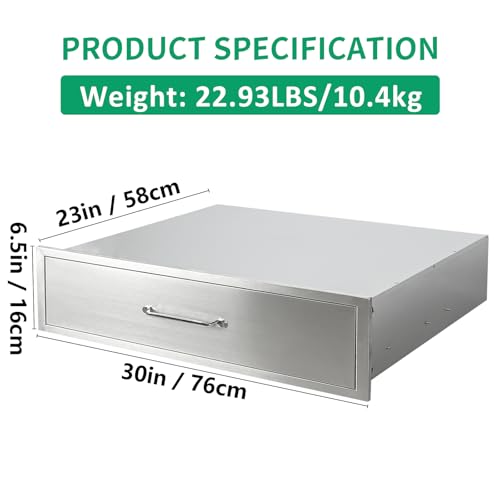Image of Outdoor Kitchen Drawers 30 inch W x 6.5 inch H x 23 inch D Stainless Steel Single Drawers with Ergonomic Handle for BBQ Island, Patio Grill Station & Outdoor Kitchen Cabinets