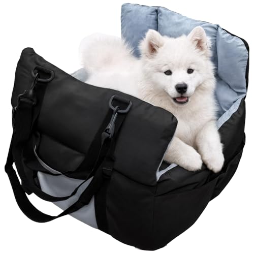 Seggiolino Auto per Cani di Piccola Media Taglia Sotto i 10 kg Trasportino Lettino per cani auto Rimovibile Lavabile con Cintura di Sicurezza, Nero e Azzurro Chiaro
