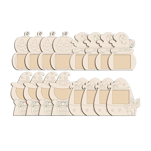 Tachiuwa 16Pcs Halloween Picture Kit, Unfinished Wooden Photo Frame, Decoration Kids Painting for Party Classroom