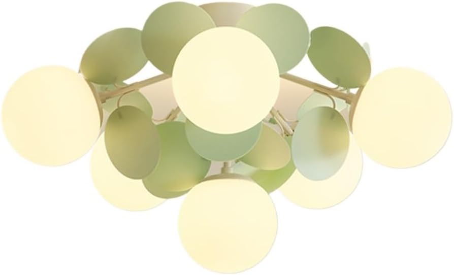 Modern Nordic LED Flush Mount Ceiling Light Green Leaf Cluster Design Glass Globe Lamp 3 Color Dimmable Fixture for Bedroom Living Room Study Lighting