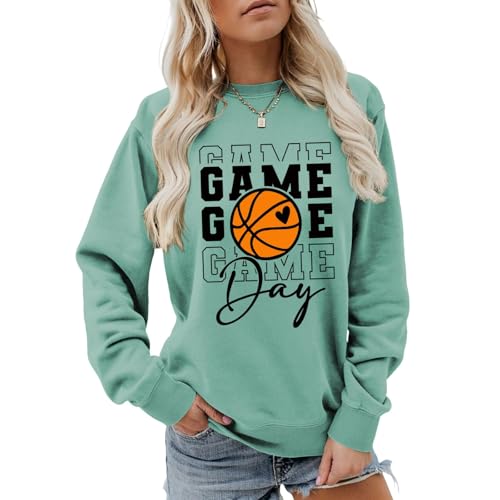 Game Day Basketball Sweatshirt, Basketball Graphic Shirt Women Crewneck Basketball Player Game Day Pullover Tops Large