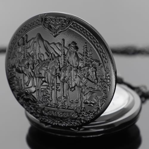 Image of Tiong Vintage Pocket Watch Engraved Cowboy Skull Wolf 3D Pattern Arabic Numerals Quartz Pocket Watch with Chain Best Gifts