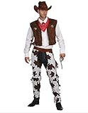 Disfraz de vaquero para hombre compuesto por un chaleco marrón con flecos; pantalones de estampado vacuno y pañuelo rojo para atar al cuello.