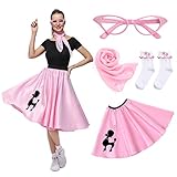 Rabtero Women Sock Hop Costume, Adult 1950s Poodle Dress Costume, 50's Poodle Skirt with Glasses, Scarf and Socks for Women 18-24, Plus, Pink