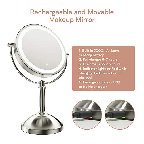 Benbilry 8" Lighted Makeup Mirror With 1X/10X Magnifying Led Light Mirrors 3 Color Dimmable Lights Double Sides Rechargeable Cordless Swivel Vanity Mirror With Lights And Magnification Nickel #TOP5