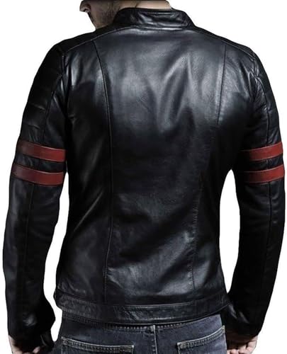 Men's Genuine Lambskin Motorcycle Red Stripes Fight Retro Black Biker Leather Jacket2