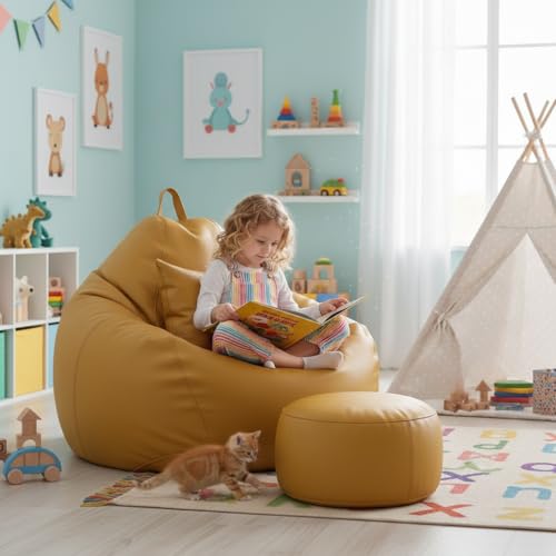 Image of KAM'S LIEU 6XL Jumbo Premium Bean Bag Chair with Footrest & Cushion | Filled with High Density EPS Beans | Comfortable Sofa for Living Room & Bedroom | 6 Months Warranty, Color- (YELLOW, 6XL, Premium)