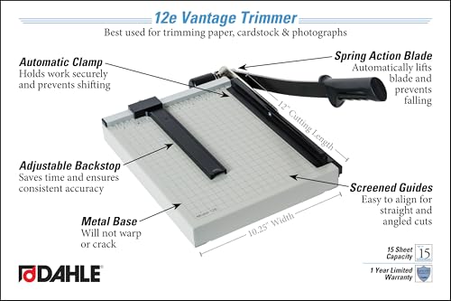 Dahle 12e Vantage Paper Trimmer, 12" Cut Length, 15 Sheet, Automatic Clamp, Adjustable Guide, Metal Base with 1/2" Gridlines, Guillotine Paper Cutter