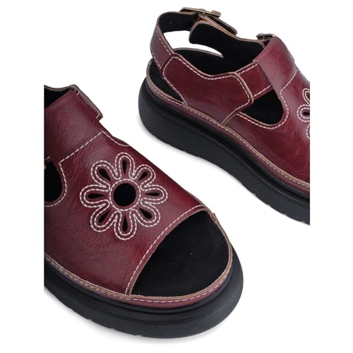 Image of Red Platform Sandals for Women Chunky Ankle Buckle Casual Open Toe Comfortable Flower Decoration Fisherman Sandals Sizes 8.5